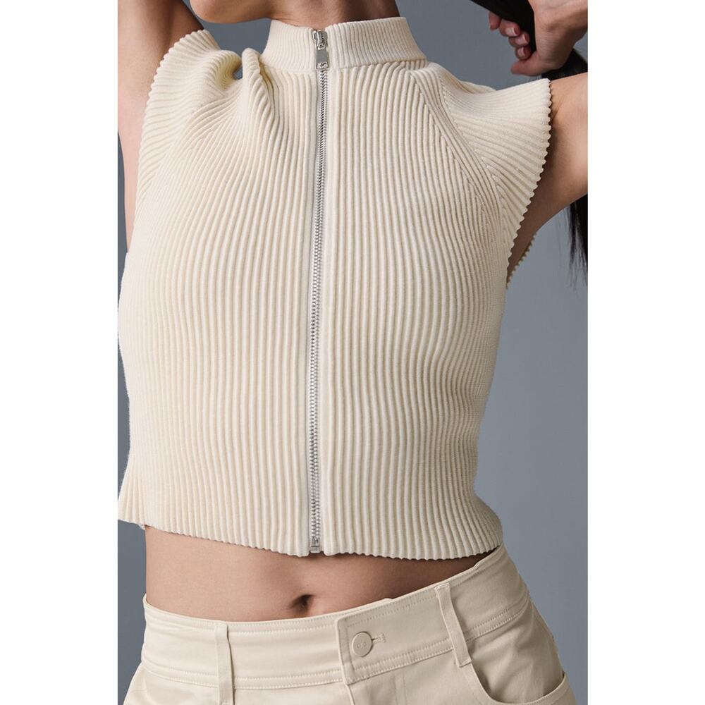 Alo Yoga Denim Knit Sleeveless Full Zip Top Oat Milk/Ivory - S